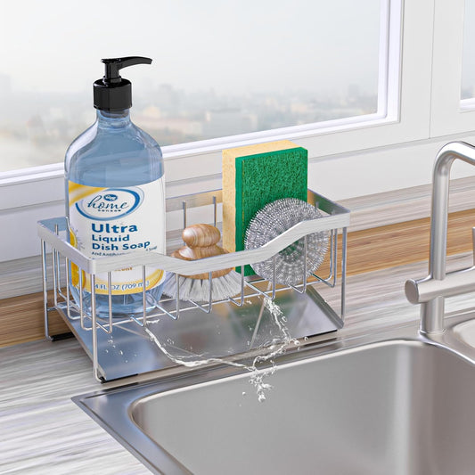 Vanwood Sponge Holder for Kitchen Sink with Auto Draining Tray, Sink Caddy Kitchen Sink Cocina Organizer, Self Drain Dish Soap Sponge Caddy for Counter | Kitchen Sink