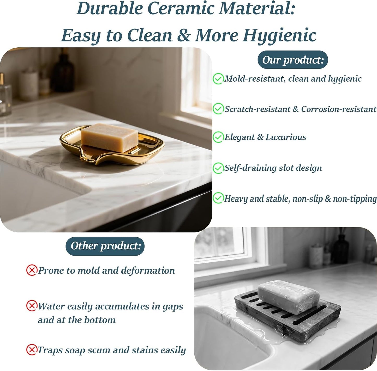 Polished Silver Soap Dish | Self-Draining Bar Soap Holder with U-Shaped Drainage, Decorative Soap Tray for Bathroom Shower & Kitchen Sink