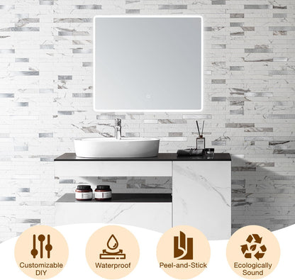 Peel and Stick Backsplash Tile Waterproof Removable PVC Wall Sticker 3D Faux Stone Marble Brick White Accent Panels (White Marble - Metal Silver, 20 Tiles - 9 sq. ft. (0.84 M²))