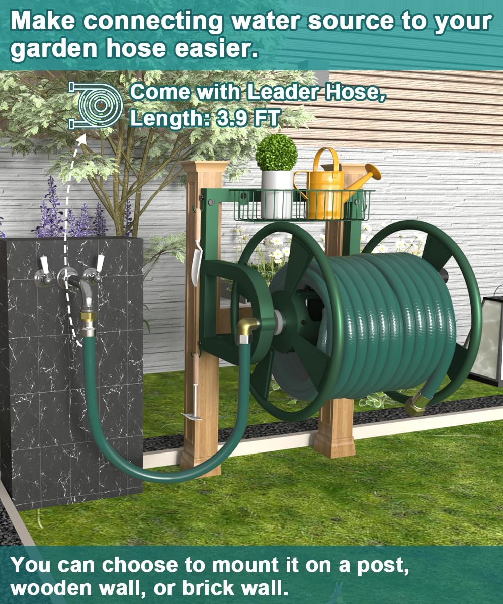 Artigarden Outdoor Wall Mounted Hose Reel with Hook, Garden Heavy-Duty Water Holder Winder with 3.9 ft Leader Hoses, Brass Fitting and Storage Basket for Yard, Holds 125 Ft of 5/8-Inch Hose, Black