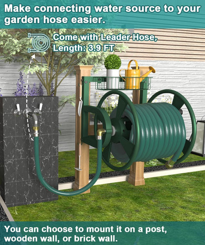 Artigarden Outdoor Wall Mounted Hose Reel with Hook, Garden Heavy-Duty Water Holder Winder with 3.9 ft Leader Hoses, Brass Fitting and Storage Basket for Yard, Holds 125 Ft of 5/8-Inch Hose, Black