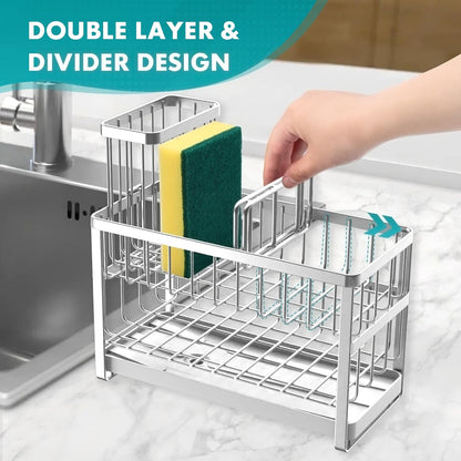 Sinnsally Kitchen Sponge Holder,Sink Caddy Organizer with High Brush Holder,Stainless Steel Sink Box Dish Scrubber Holder,Soap Tray for Kitchen Counter Accessories & Storage Rack(2 Tier - Black)