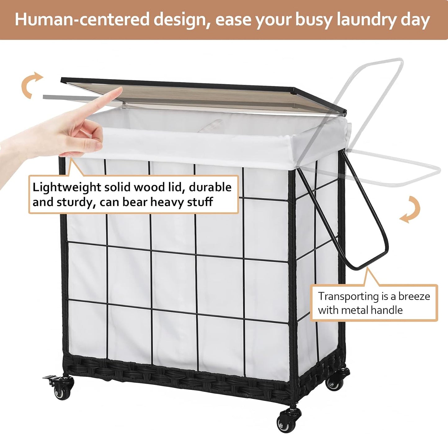 Laundry Hamper with Heavy Duty Caster Wheels; 3 Sections Clothes Hamper with Lid; 132L Laundry Basket with Removable Liner Bag; Laundry Sorter with Metal Handle (White)