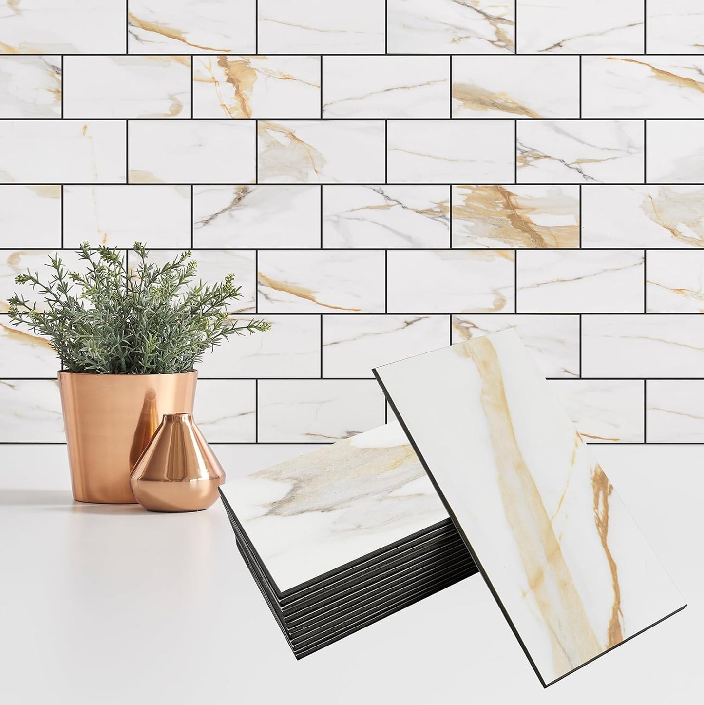 StyloVue 100 Pieces Peel and Stick Backsplash for Kitchen, 3" x 6" PVC Subway Tile, Glossy White with Dark Gray Grout, Self Adhesive Stick on Wall Tiles for Kitchen, Bathroom, Fireplace, RV