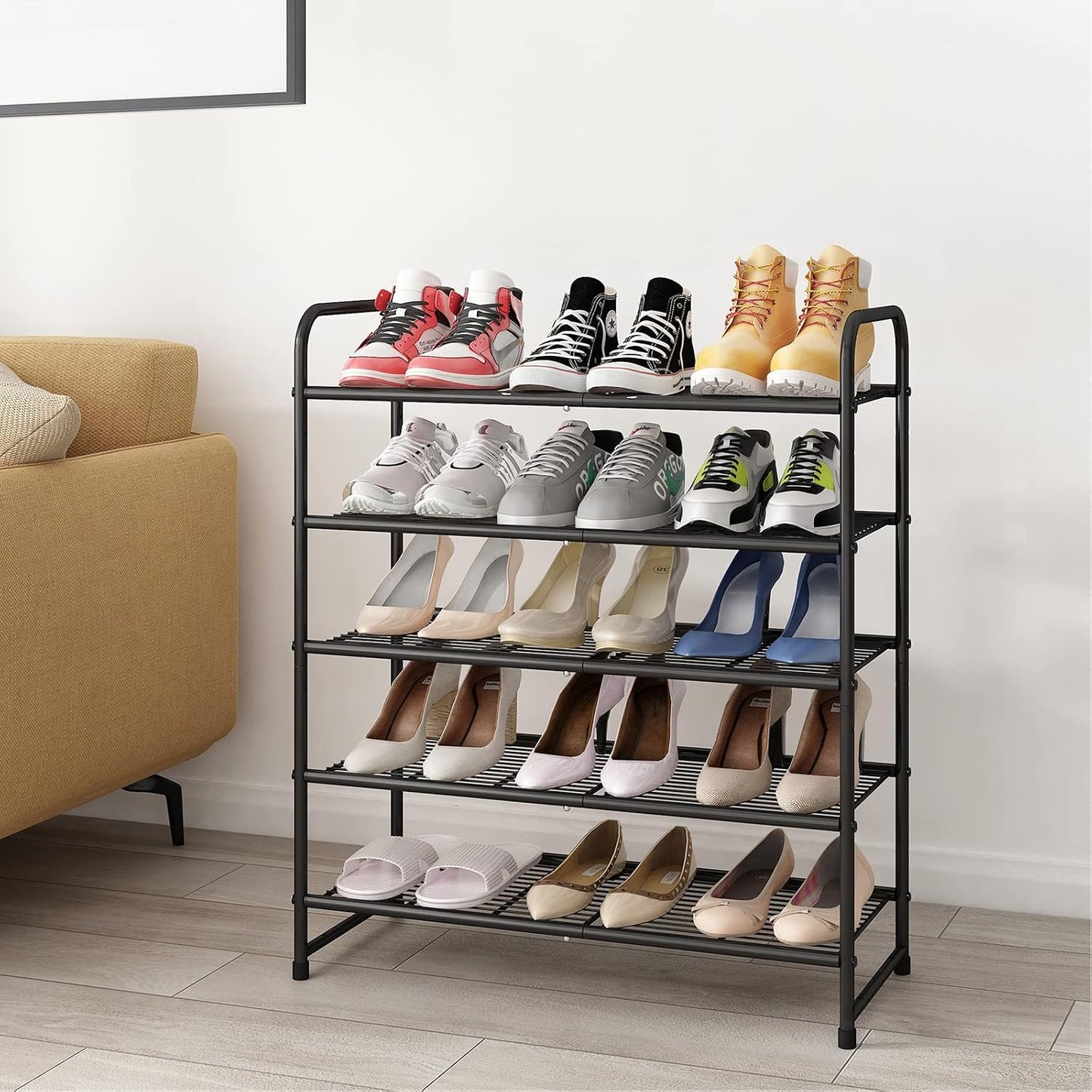 Simple Trending 3-Tier Stackable Shoe Rack, Expandable & Adjustable Shoe Shelf Storage Organizer, Wire Grid, Black