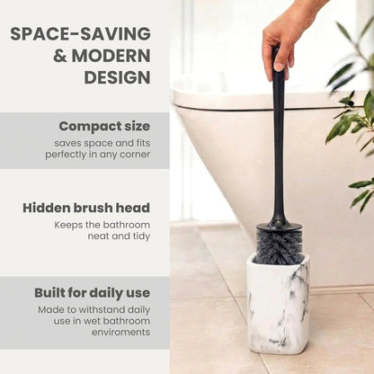 Vigar Zense Toilet Brush and Holder Set - Toilet Bowl Brush and Holder, Polyresin Stone Bathroom Accessory, Compact Toilet Cleaner Brush for Bathroom Decor and Toilet Accessories Set - White Marble