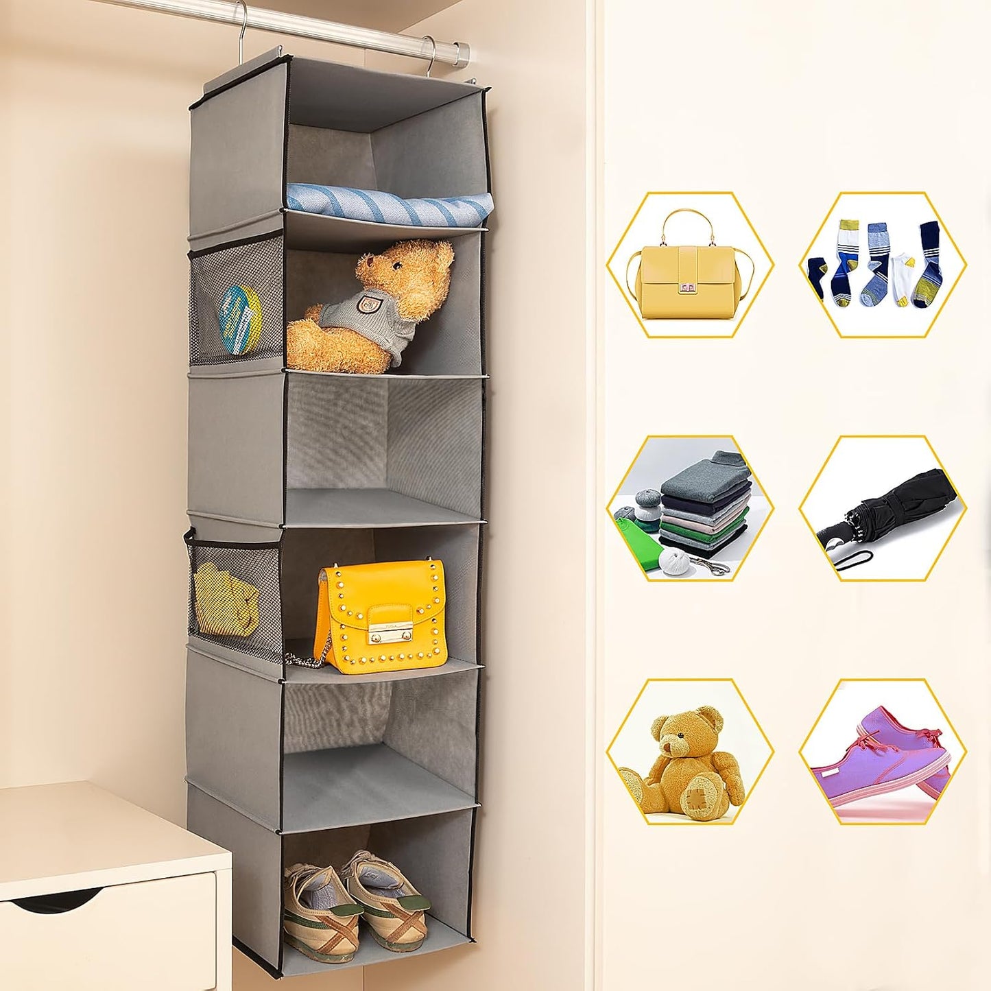BrilliantJo 2 Pack Hanging Closet Organizer, 5 Shelves Hanging Storage with 6 Side Pockets for Clothes Shoes, 43"x12"x12"(Black)