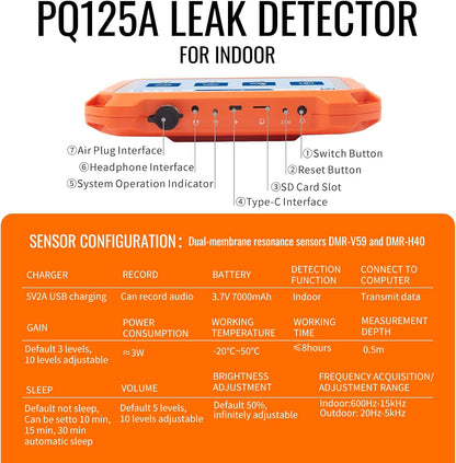 Underground Water Leak Detectors for Home PQ125A Wall Pipe Water Leakage Detection with Touchscreen Earphone and Carrying Case Multi Sensor Acoustic Pipeline Sound Intensifier