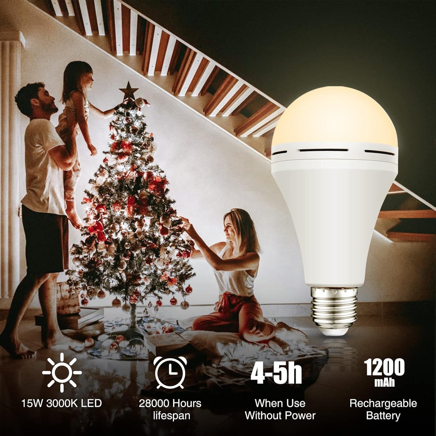 Neporal 4 Pack Emergency-Rechargeable-Light-Bulb, Stay Lights Up When Power Failure, 1500mAh 15W 80W Equivalent LED Light Bulbs for Home, Camping, Tent (E27, with Hook) (Daylight)