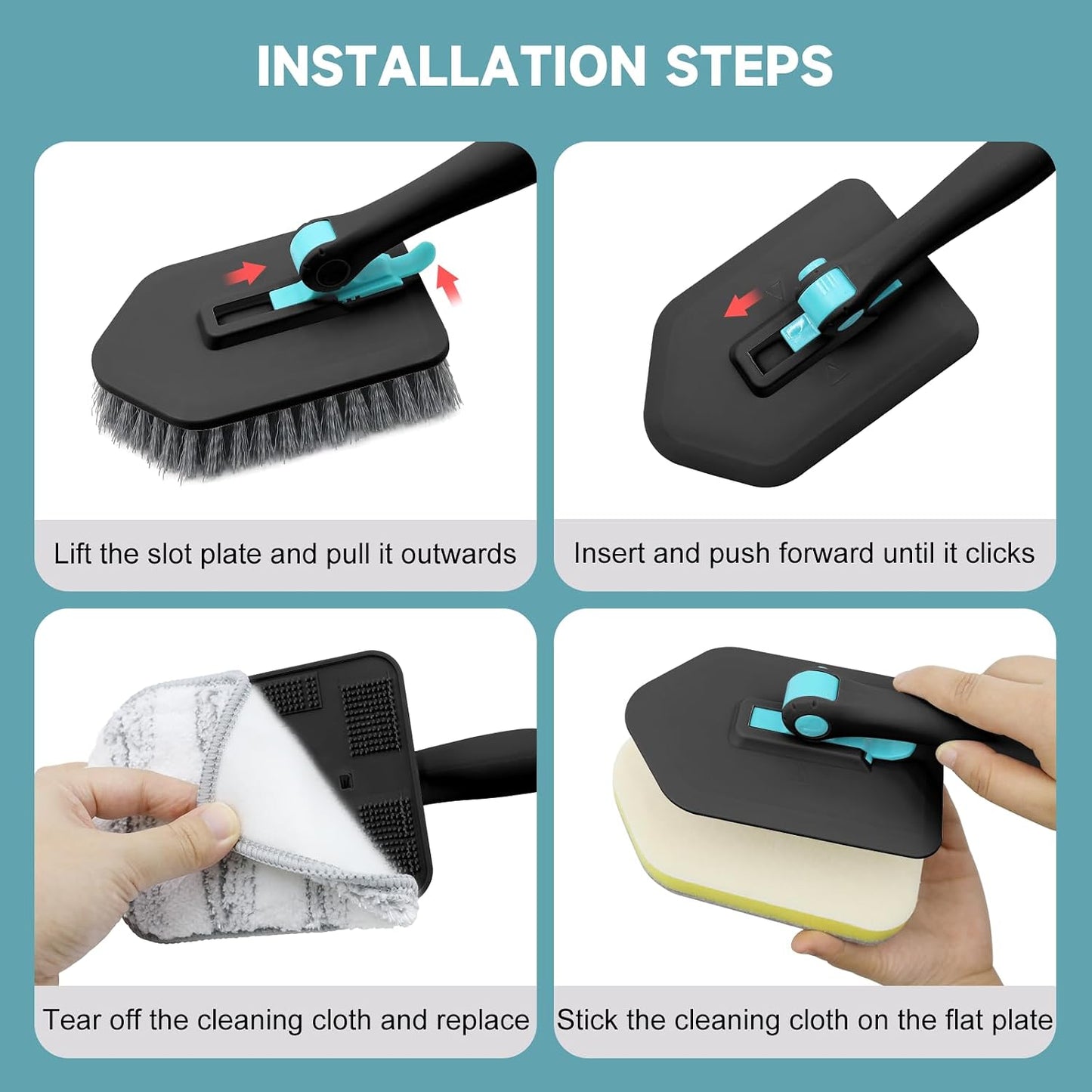 nacena Shower Scrubber with Long Handle, 3 in 1 Tile Tub Scrubber Brush with 3 Detachable Cleaning Heads Adjustable Handle Shower Cleaner Brush for Bathroom, Kitchen, Toilet, Wall, Sink, Blue White