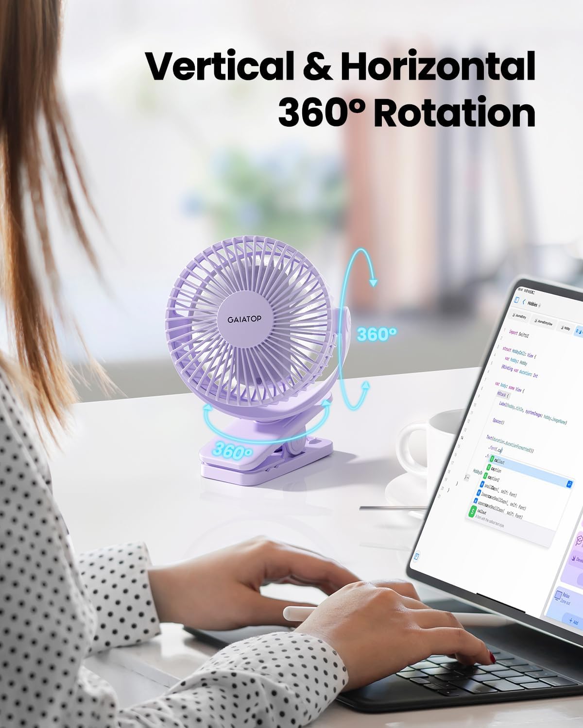 Gaiatop Portable Clip on Fan Battery Operated, Small Powerful 3 Speed Quiet 360° Rotate, USB Rechargeable Mini Personal Cooling Fan for Desk Table Home Office Stroller Camping Women Gifts Purple