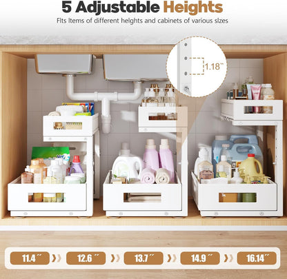 2-Pack Under Sink Storage Organizer, Large 2-Tier Elegant Mesh Pull Out Shelf for Kitchen and Bathroom Cabinet Organization, L-Shaped and Adjustable Height Design,Patent Pending-Black