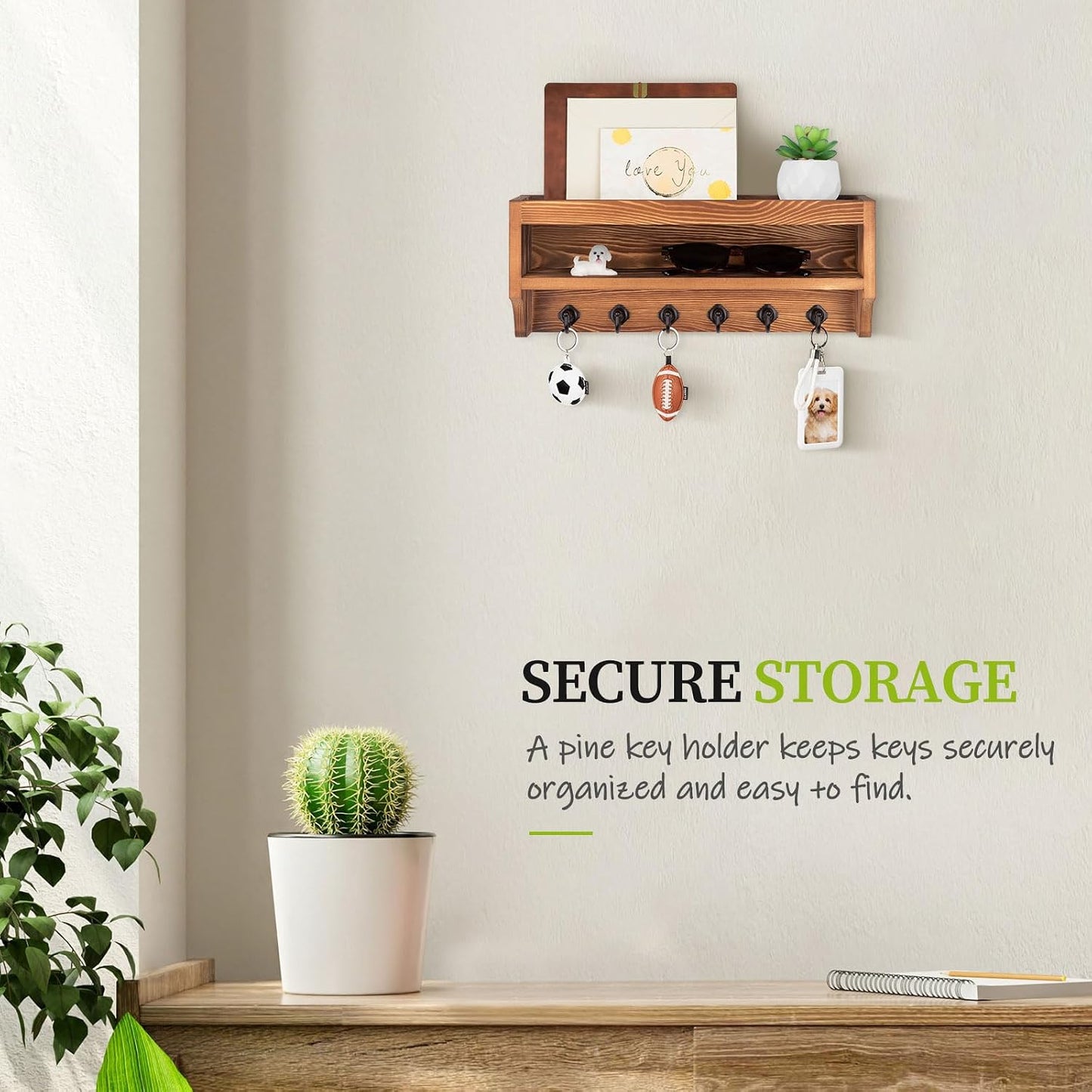 Nekon Key Holder Wall Mount, 12.8" W x 5.6" H x 3.7" D Wall Mounted Key and Mail Organizer with 6 Key Hooks, Key Racks for Home Entryway Decor (White)