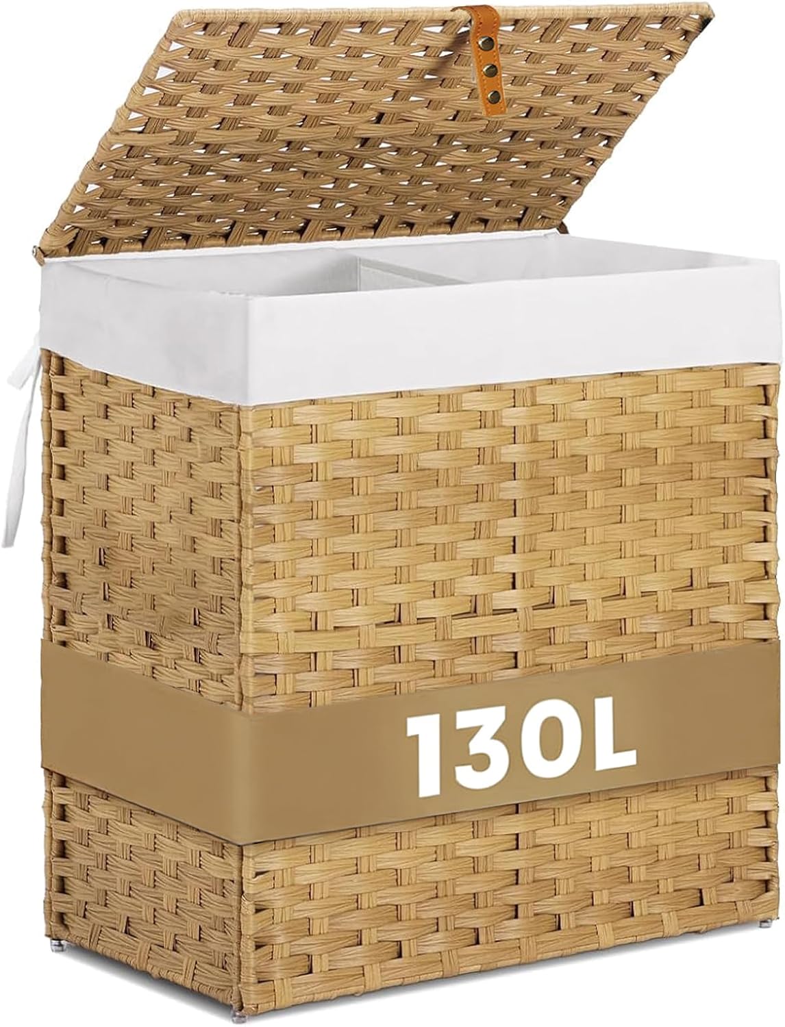 Wicker Laundry Hamper with Lid,34 Gal(130 L) Rattan Laundry Basket 2 Sections with Lid, Removable Machine Washable Line, Large Clothes Hamper with Handles for Bathroom Bedroom, Gray