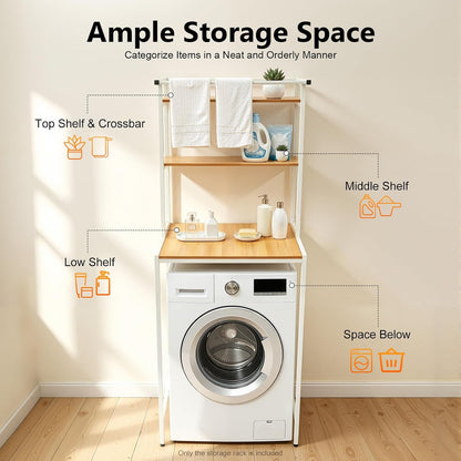 Over Washer Storage,3 Tier Washer and Dryer Storage Rack,Laundry Room Storage with Top Crossbar,Space Saver Standing Rack Utility Shelves for Bathroom Laundry Room,69" Height (Black+Oak)
