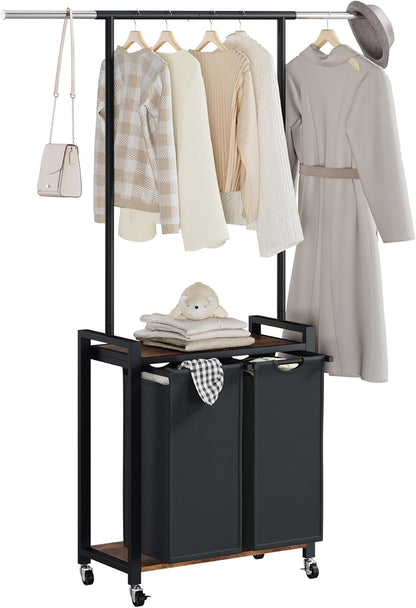 Laundry Basket Organizer, 2 Section Laundry Sorter with Lockable Wheels, Rolling Laundry Hamper with Hanging Rack & Shelf, Folding Station for Laundry Room, Bedroom, Bathroom, Dorm, Closet Storage