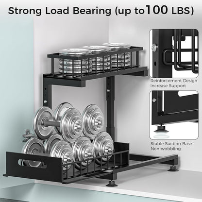 Saydear L-Shaped Under Sink Organizer, 2-Tier Pull-out Cabinet Rack 1-Pack | Black Height-Adjustable Metal Rack, Sliding Grid Drawers with Safety Stopper, Holds 100 Lbs, Ideal Kitchen Cabinet Storage