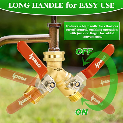 IPOW Upgrade Full Flow Garden Hose Splitter with Stainless Steel Handle, Brass Heavy Duty 2 Way Y Valve Garden Hose Splitter High Flow Spigot Splitter + 6 Rubber Hose Washers with Comfort Grip Use