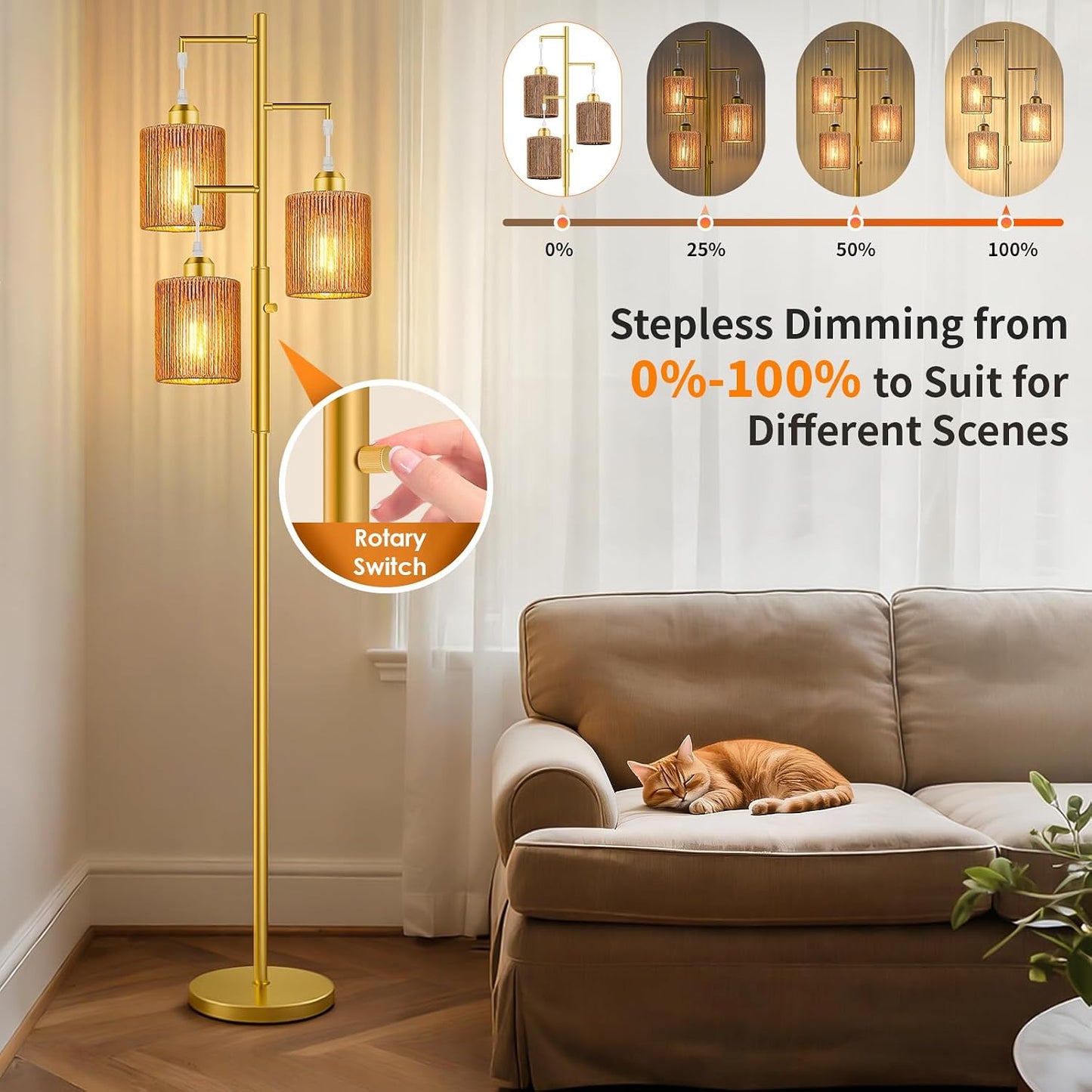 Hotsonic 72" Tall Boho Rattan Style Floor Lamp with Hand-Woven Paper Cord Shade, Dimmable Industrial Tree Standing Lamp for Living Room, Bedroom, Study Room, Office (3 x 800LM Bulbs Included) - Black