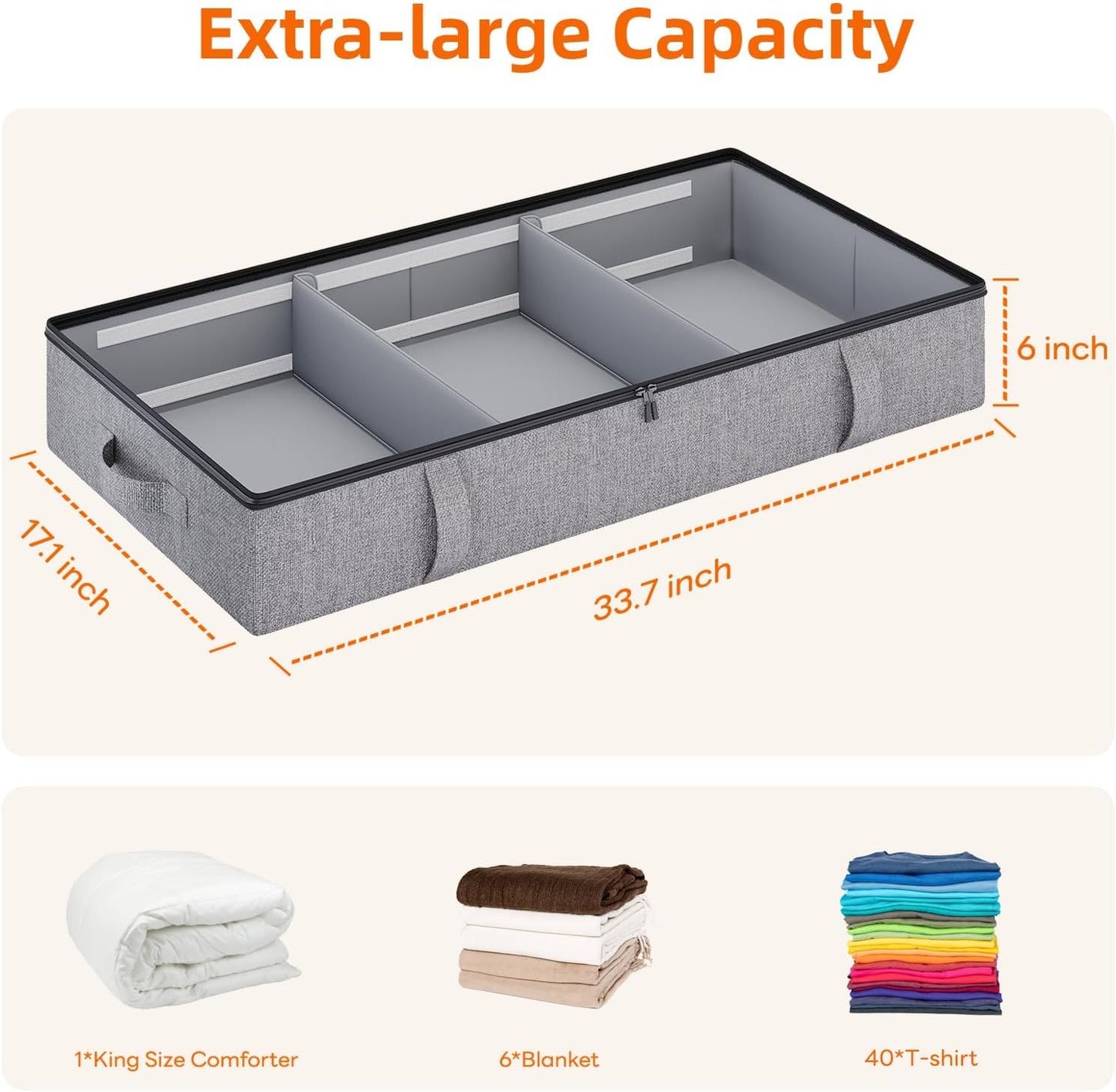 Vailando Side-Supported Under Bed Storage Containers, 6 Inches Tall 60L Underbed Storage Bins with Sturdy Handles and Sidewalls, Closet Organizer for Clothes, Blankets, Seasonal Items, Beige, 2-Pack