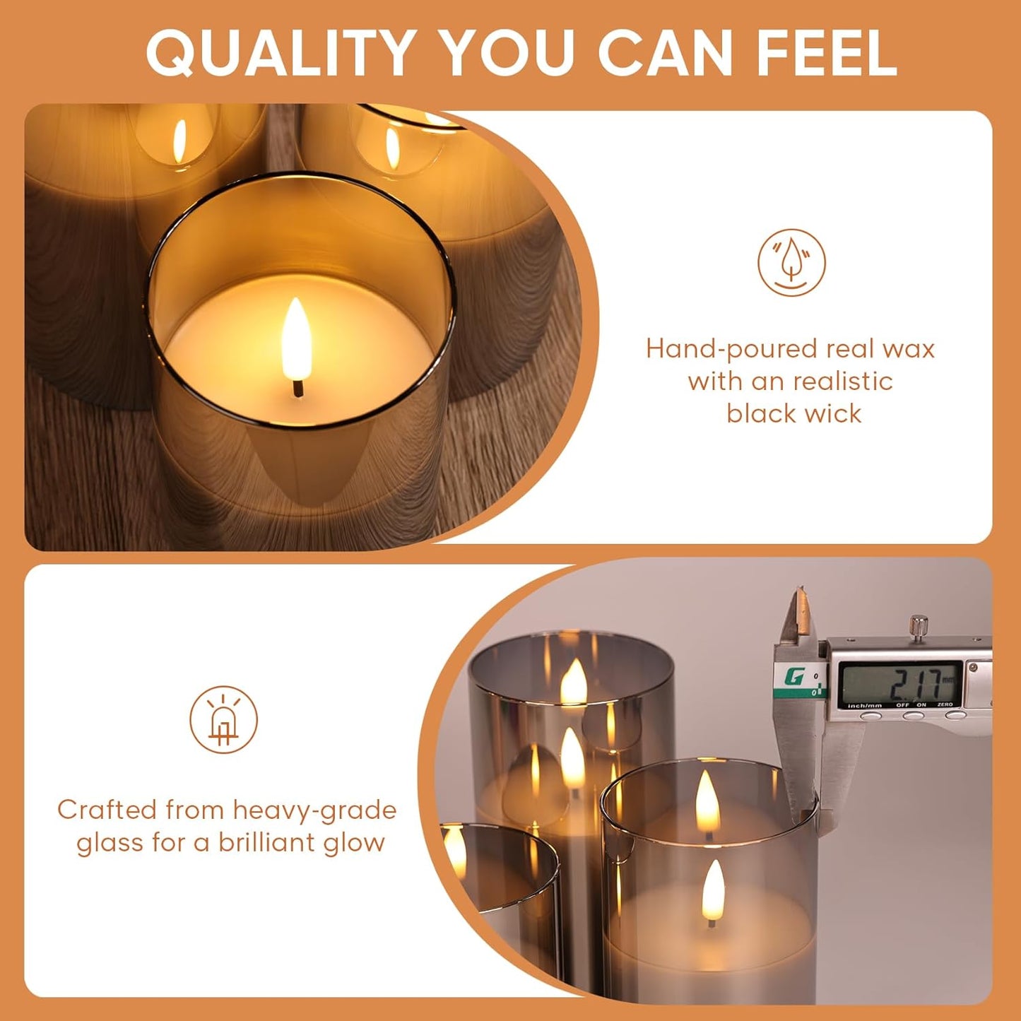 Eywamage Gold Glass Flameless Pillar Candles with Remote, Flickering Christmas LED Candles Battery Operated Set of 3