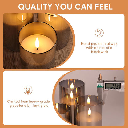 Eywamage Gold Glass Flameless Pillar Candles with Remote, Flickering Christmas LED Candles Battery Operated Set of 3