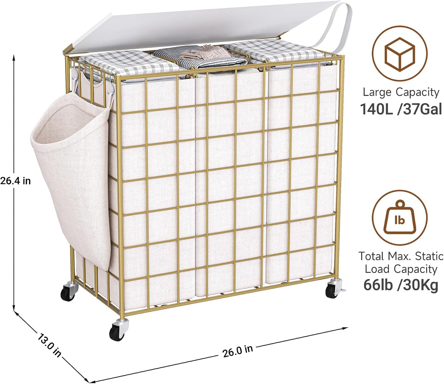 Laundry Basket with Wheels, Heavy Duty Laundry Sorter 2 Sections, 120L (32Gal.) Large Capacity Laundry Hamper with Wood Lid, 360 Rolling Wheels, Extra Side Pocket, Leather Pull Handle, Beige