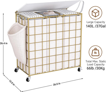 Laundry Basket with Wheels, Heavy Duty Laundry Sorter 2 Sections, 120L (32Gal.) Large Capacity Laundry Hamper with Wood Lid, 360 Rolling Wheels, Extra Side Pocket, Leather Pull Handle, Beige