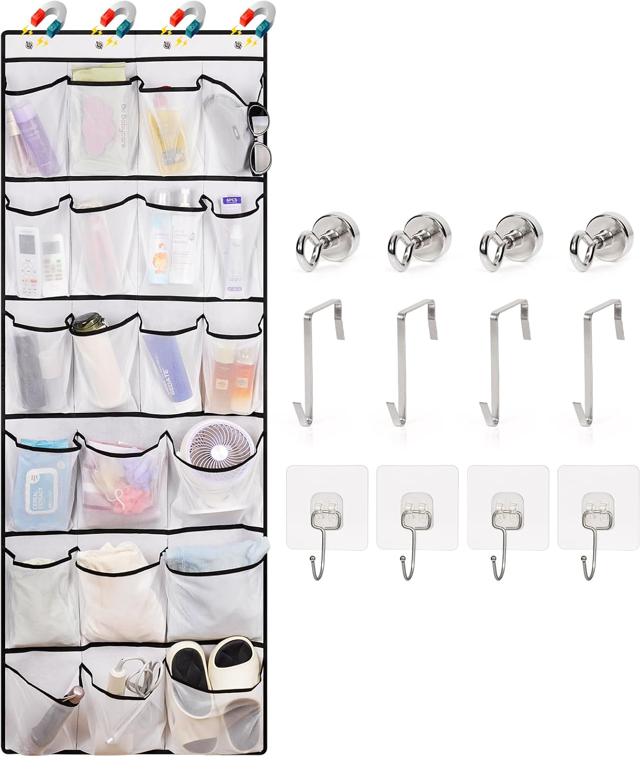 Over The Door Cruise Ship Organizer - Cruise Ship Magnetic Door Organizer with 15 Size-Graded Pockets, Hanging Magnetic Cruise Storage Shoe Rack for Cabin, 2026 Cruise Essential, 9 Hooks(White)