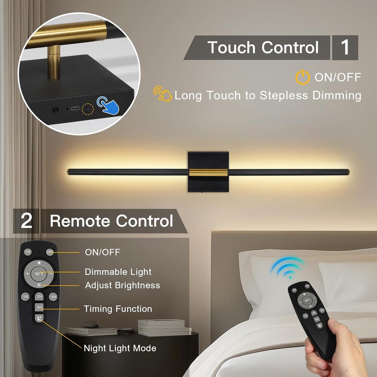 TaoFiaCo Battery Operated Wall Sconces Set of Two,Rechargeable Wall Sconces Set of 2 with Remote Control Dimmable Wall Light Decor for Living Room, Bathroom for, 24 Inch, Gold