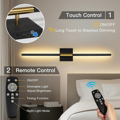 TaoFiaCo Battery Operated Wall Sconces Set of Two,Rechargeable Wall Sconces Set of 2 with Remote Control Dimmable Wall Light Decor for Living Room, Bathroom for, 24 Inch, Gold