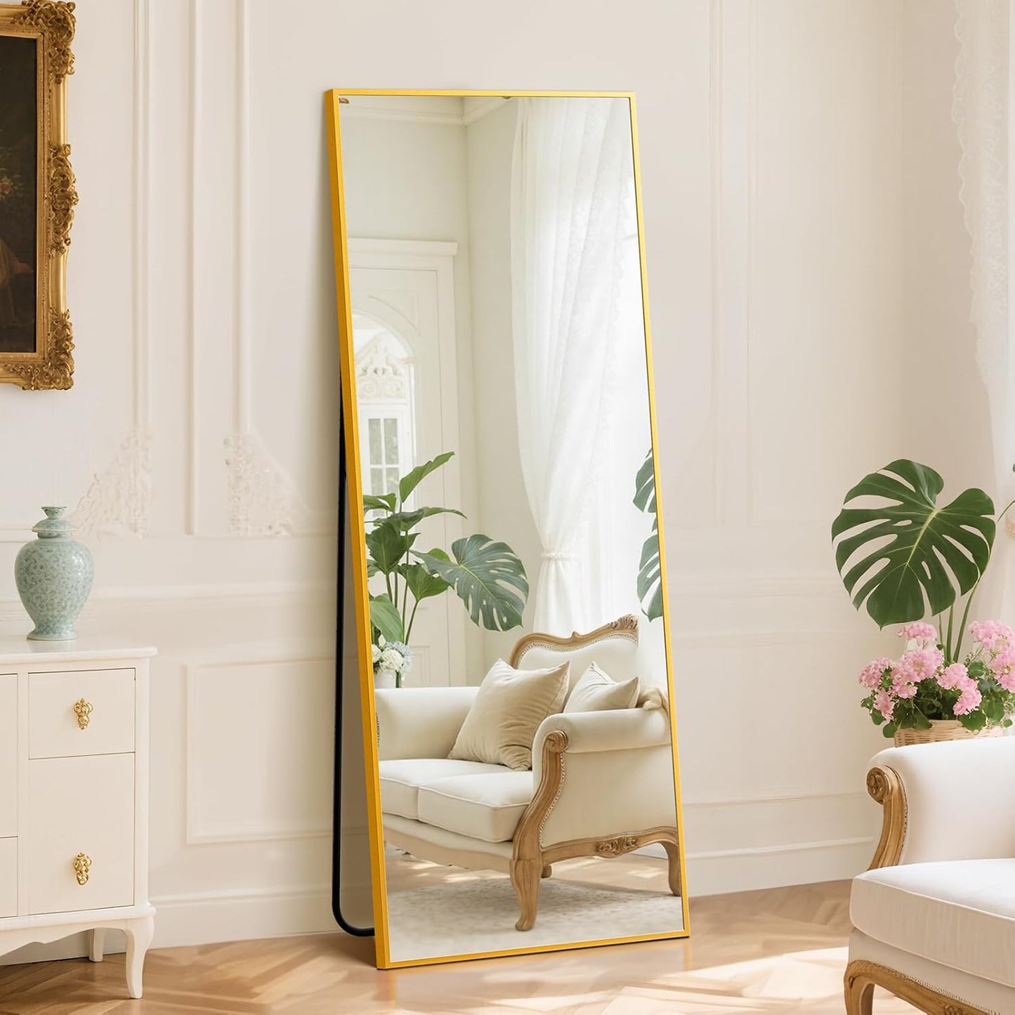 DUMOS 64"x21" Arched Full Length Floor Mirror, Full Body Mirror with Stand, Shatterproof Tempered Glass, Modern Aluminum Alloy Frame, Free Standing or Leaning for Home Decor, Gold