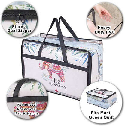 Clear Clothes Storage Bag Organizer with Reinforced Handle, Vinyl Storage Bags for Comforter, Blanket, Bedding, Toys, Transparent Moving Totes with Sturdy Dual Zippers, 3 Pack, 55 L, Black