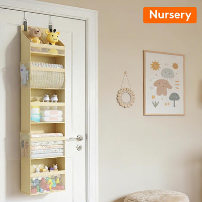 Lifewit 4 Tier Over the Door Diaper Organizer for Nursery, Large Heavy Duty Hanging Storage with 4 Mesh Side Pockets, Sturdy Back of Door Shelf for Baby Stuff Toy in Pantry, Laundry, Bathroom, Gray