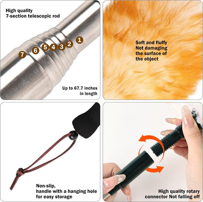 Extendable Lambswool Duster 29-110 Inch,Anti-Static Flexible Head, Stainless Steel Pole for Cleaning High Ceiling,Fan,Furniture,Roof Dusting