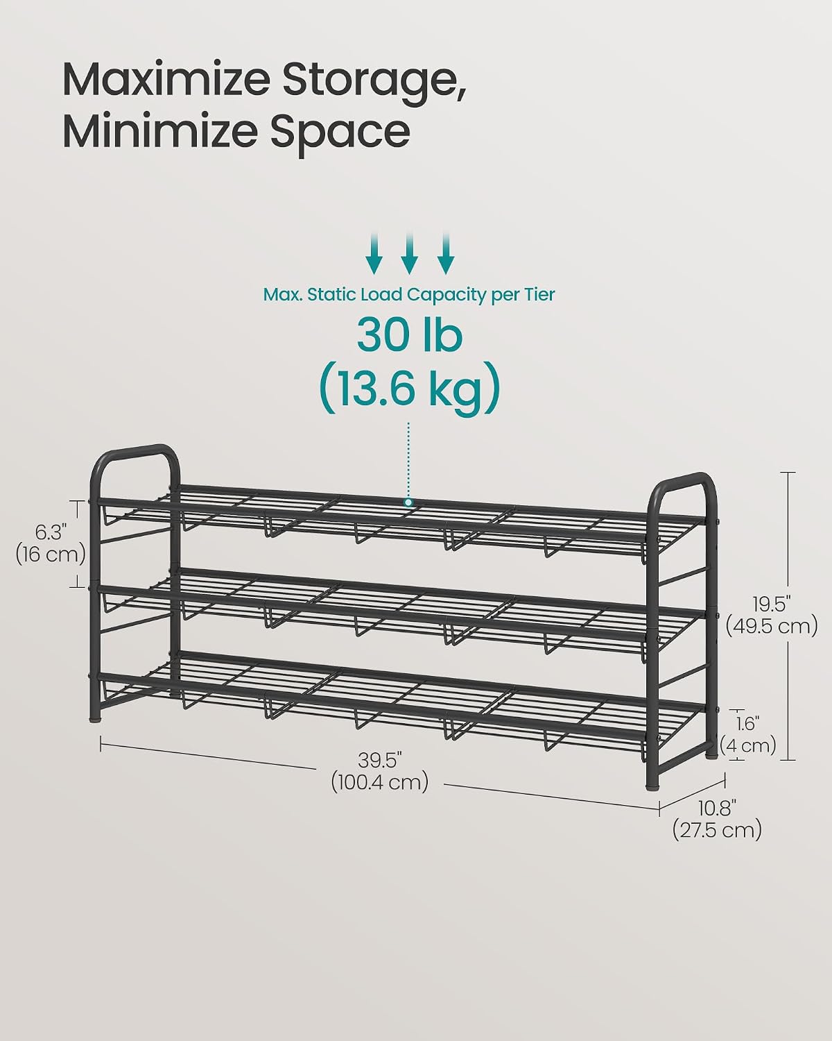 SONGMICS Stackable Shoe Rack, 4 Tier Metal Shoes Rack Storage Shelf, Holds up to 16 Pairs Shoes, Adjustable Slanted Shelves Shoe Tower Organizer for Closet Entryway Small Spaces, Black