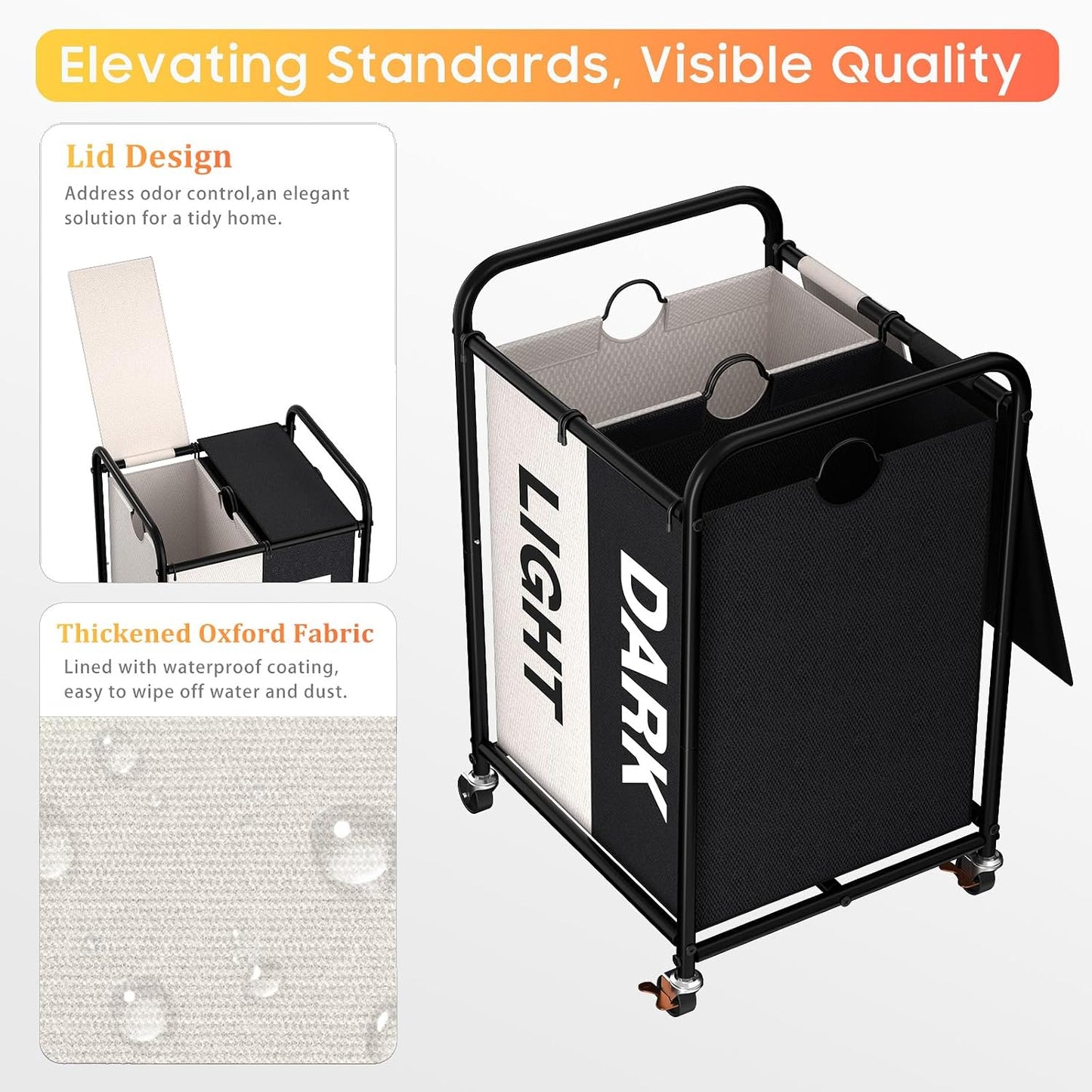 180L (47.55 Gal) Laundry Sorter 3 Section, Rolling Laundry Basket with Lockable Wheels and Lid, Laundry Hamper with 3 Separated Removable Bags Dirty Clothes Hamper for Laundry Room Organizer, Black