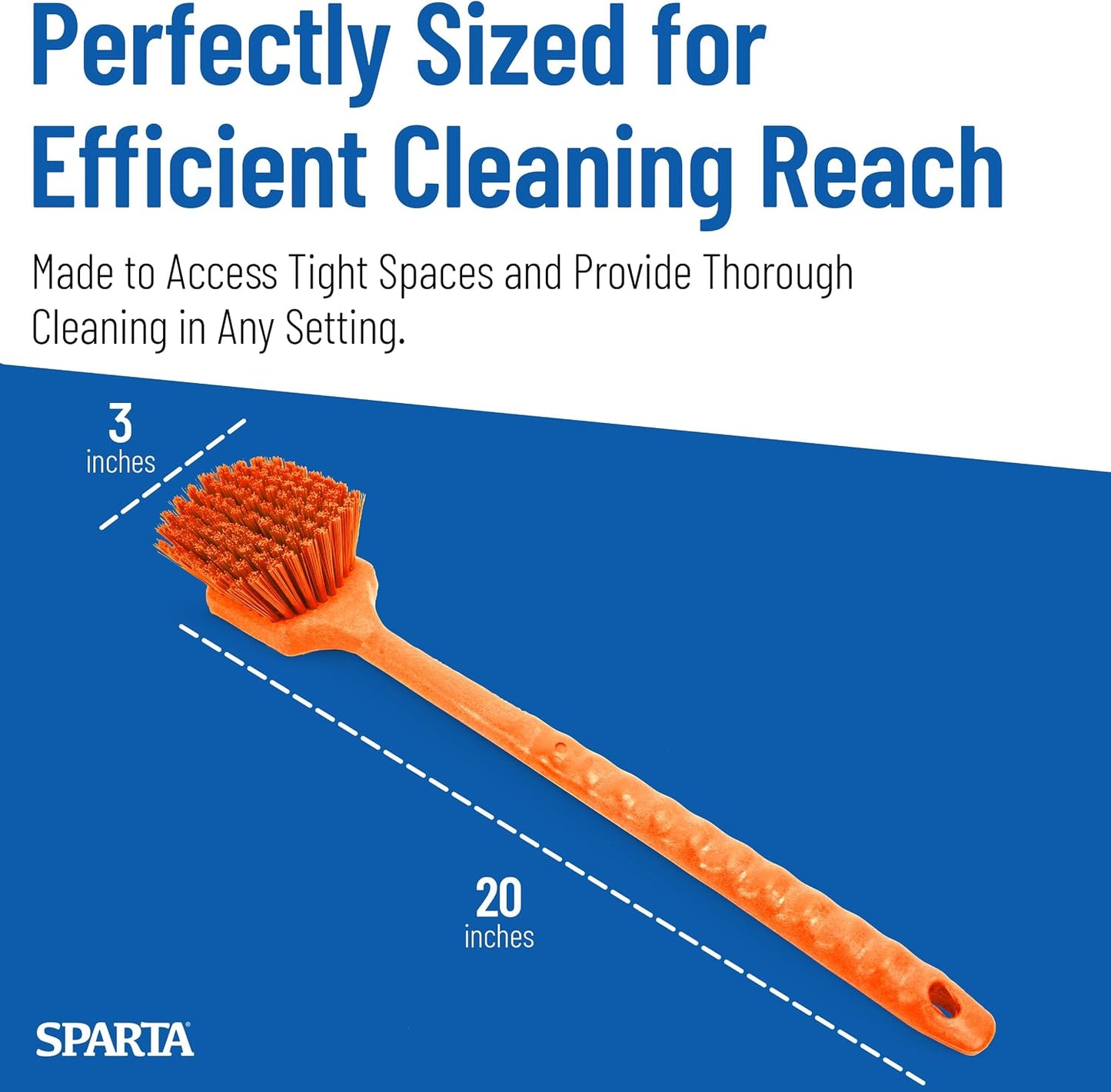 SPARTA 20" Floater Scrub Brush with Long Handle, Oil-Resistant Polyester Bristles, Multiple Trim Angles, Foam-Injected Polymer Block, Commercial Cleaning Tool, Orange