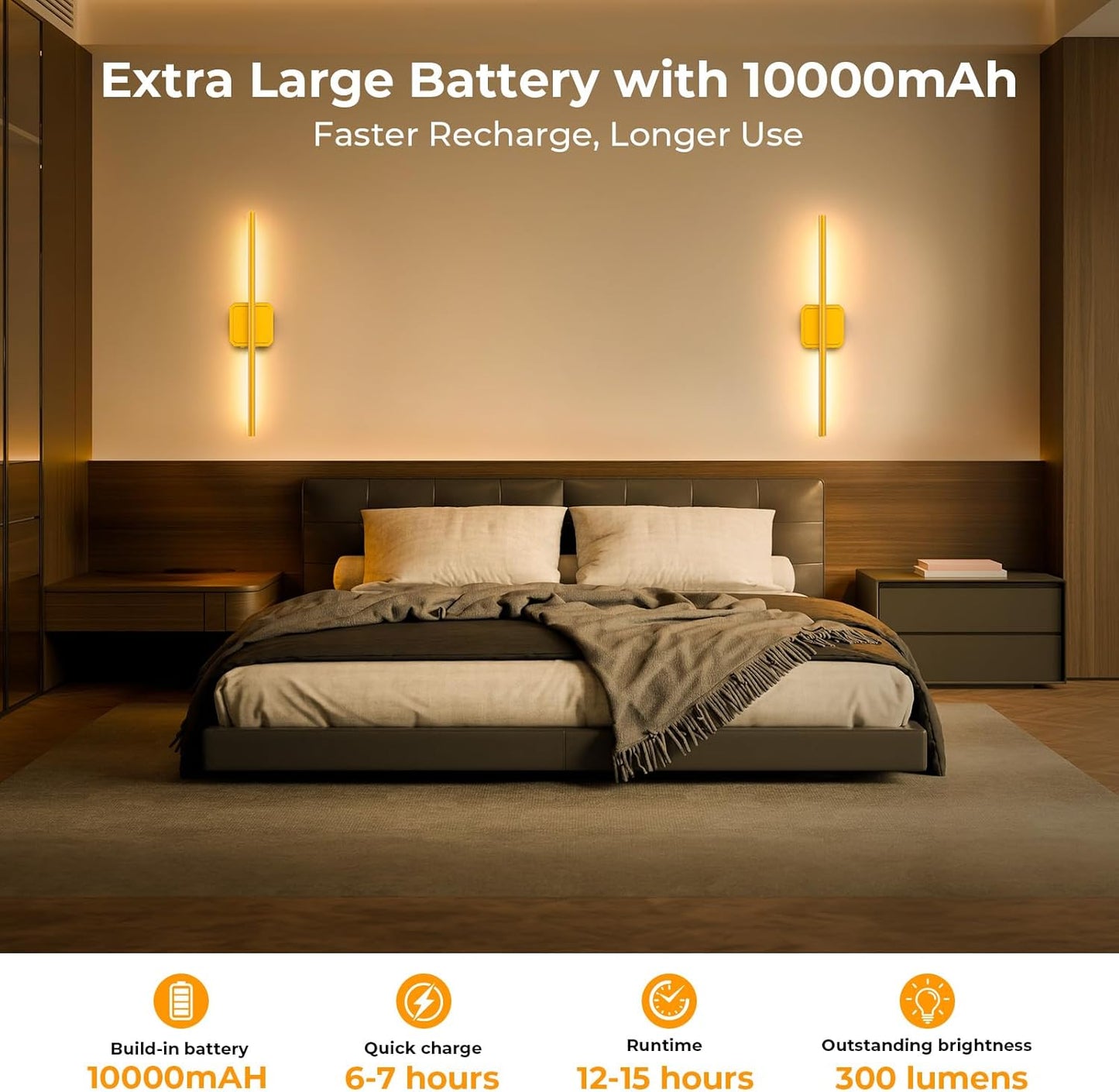 GvvooHome Battery Operated Wall Sconces Set of 2, Detachable 360°Rotate Wall Lamps, 3000-6500K Dimmable with Remote Control, 10000mAh Rechargeable Wall Light for Bedroom, Living Room, 28.3" Black Gold