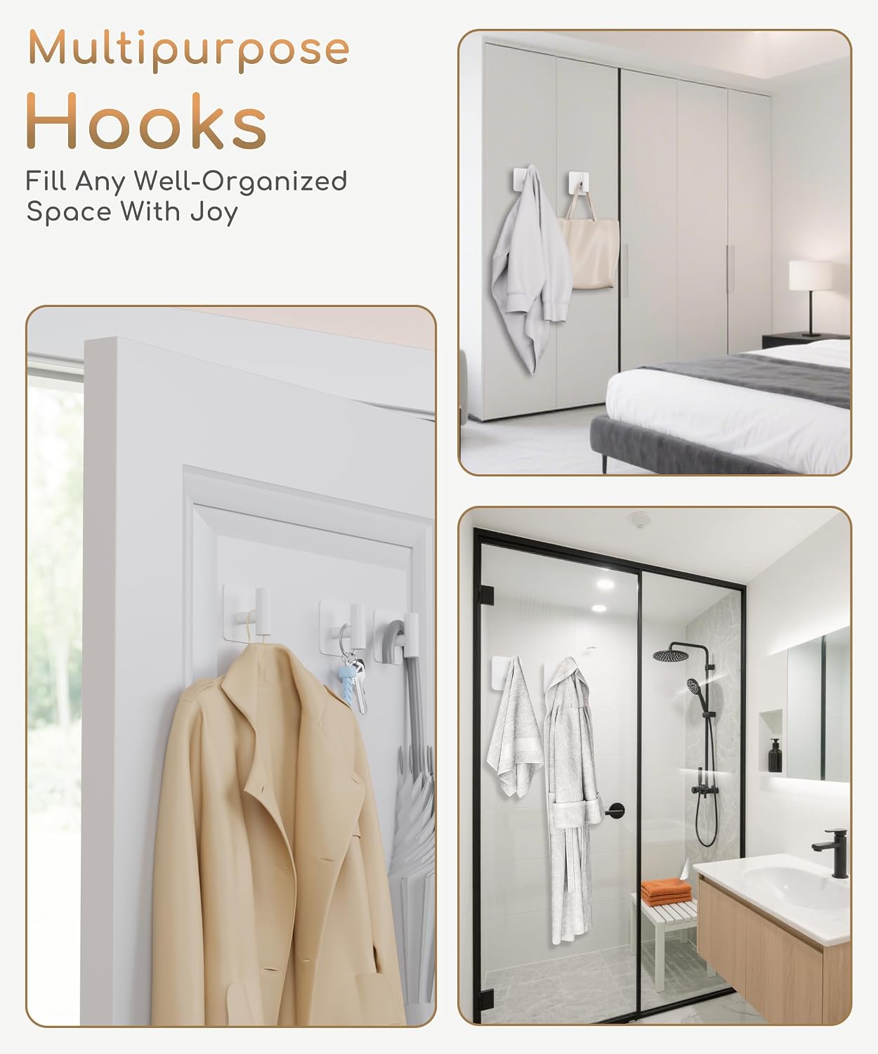 Aikzik 4 Pack Large Heavy Duty Wall Hooks - 26lb Max, Stainless Steel Adhesive Towel Hook, Shower Hooks for Hanging Towel, Coat, Robe, Wall Hook for Use in Bathroom, Kitchen and Door, Matte Black