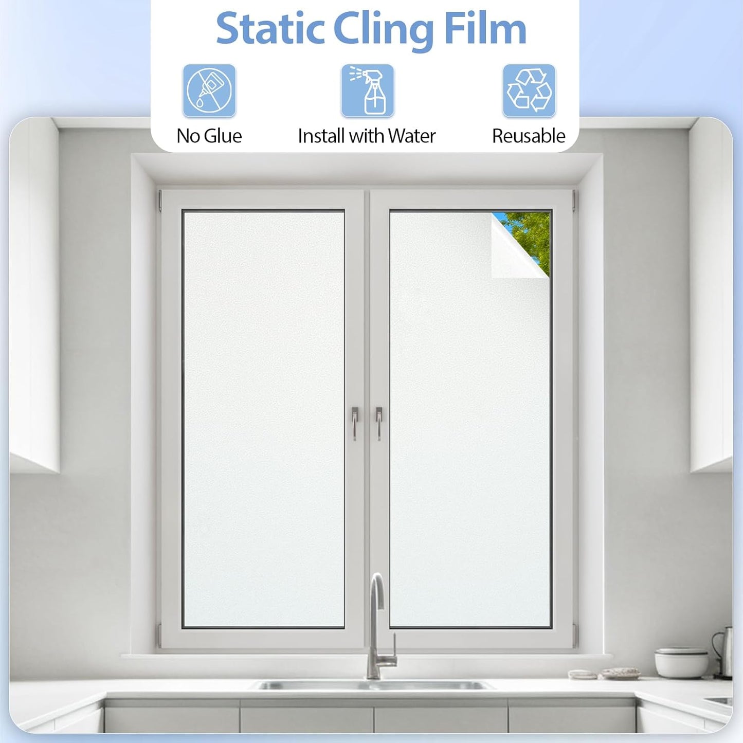GTJ Frosted Window Privacy Film, Static Cling No Glue Removable Reusable, UV Blocking Glare & Heat Reduction, for Bathroom Glass Door Home Office, 17.5" x 78.7"in