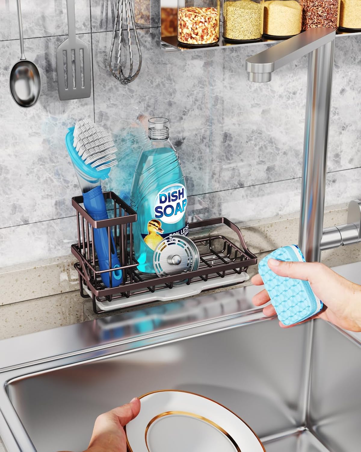 Consumest Sponge Holder for Kitchen Sink - Kitchen Sink Caddy Organizer with Removable Drip Tray for Countertop Dish Soap Dispenser Brush Storage Accessories 304 Stainless Steel - Black
