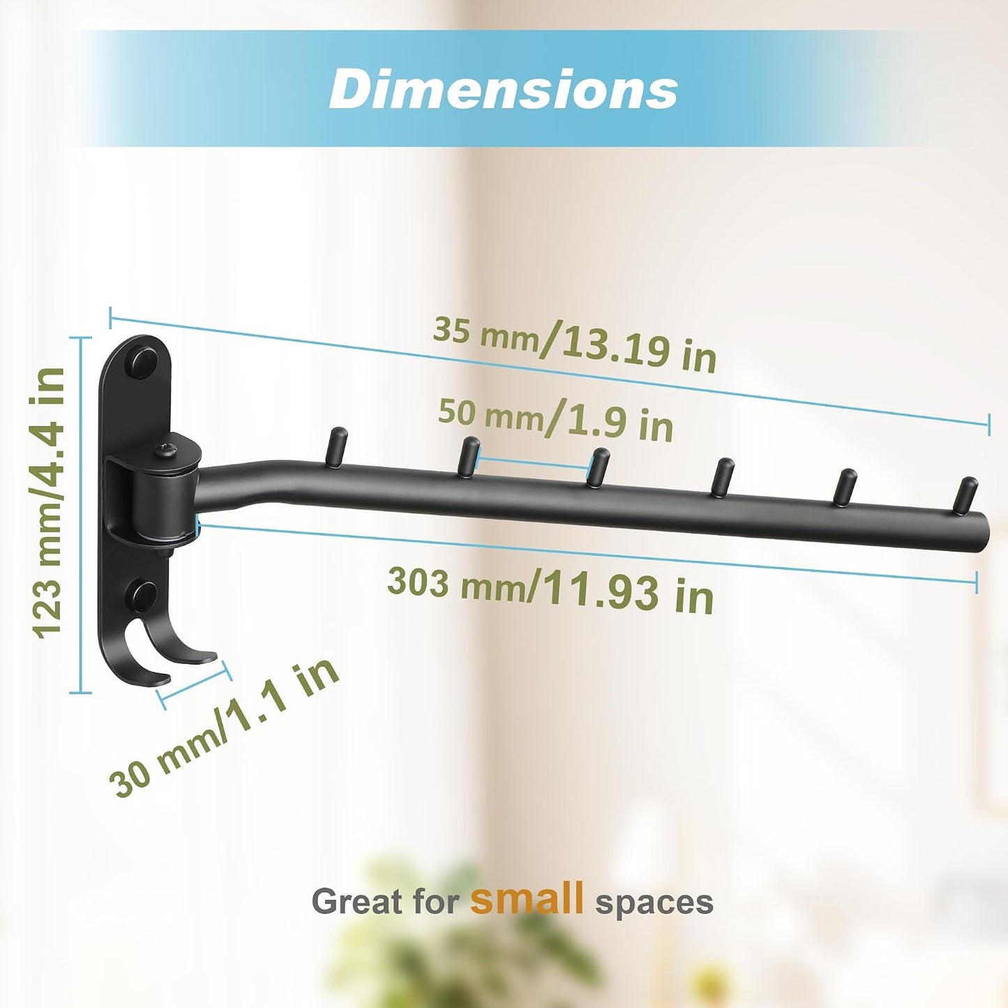Alise Swing Clothes Hanger Rack,Black Garment Racks Wall Mounted(2P) | Clothes Bar-Hanger Hooks Heavy Duty Swivel Drying Rack Clothing Hanging System Closet Storage Organizer