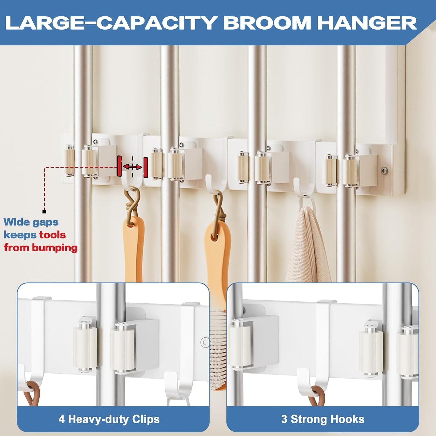 Broom Holder Wall Mount with Cleaning Supplies Organizer, Laundry Room Organization and Storage Shelf with Mop Hanger Rack Gripper Hooks, Utility Shelf Closet Organizer Floating Shelves for Garage