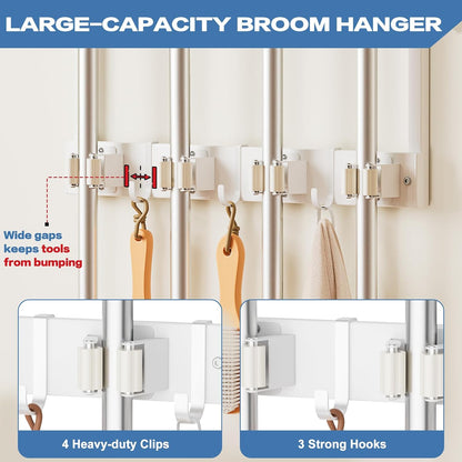 Broom Holder Wall Mount with Cleaning Supplies Organizer, Laundry Room Organization and Storage Shelf with Mop Hanger Rack Gripper Hooks, Utility Shelf Closet Organizer Floating Shelves for Garage