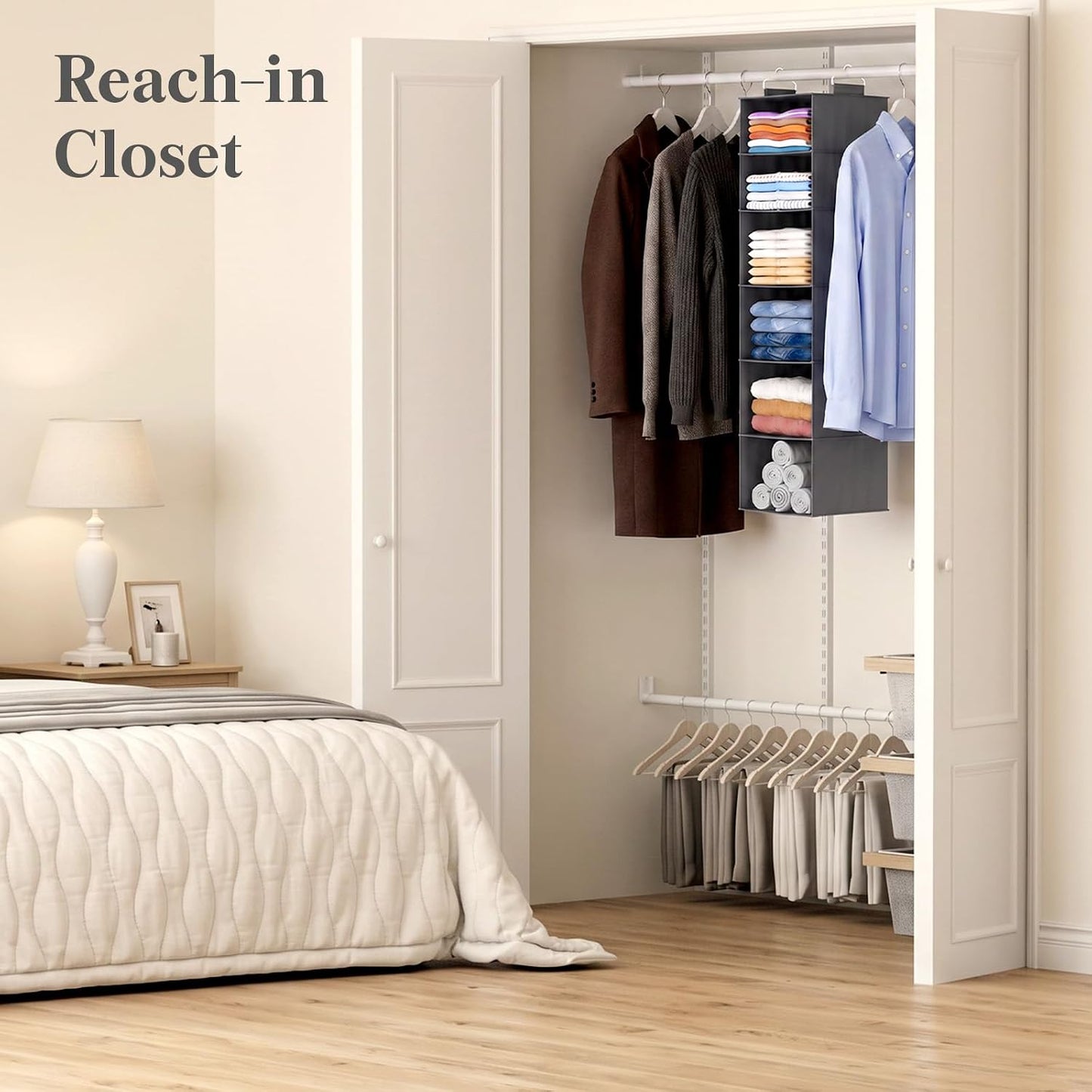 Lifewit 5 Tier Hanging Closet Organizer and Storage for Shelves, Foldable Clothes Shelf with 2 Sturdy Hooks, Sweater/Coat/Shoes Clothing Organization for Wardrobe, Dorm, Bedroom, Gray