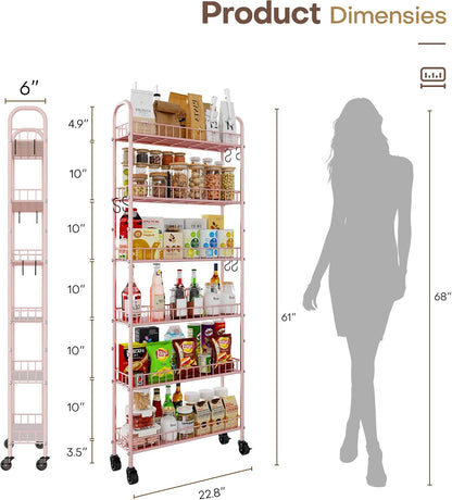 Slim Rolling Storage Cart with Wheels, Metal 6 Tier Spice Rack Mobile Shelving Unit Organizer Kitchen Utility Cart for Office Bathroom Kitchen Laundry Room Narrow Places (6inches)