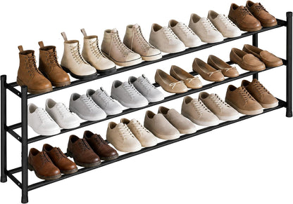 STORAGE MANIAC Long Expandable Shoe Rack, 18 Pairs Metal Wide Stackable Shoe Rack, Adjustable Shoes Shelf, Freestanding Shoes Organizer for Closet, Entryway, Hallway, Garage, Front Door, 3 Tiers
