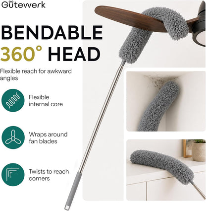 Gütewerk Extendable Microfiber Duster, 55 Inch - Feather Dusters for Cleaning Ceiling Fans, Blinds, Baseboards & High Ceilings - Washable, Electrostatic, 360° Bendable Head, Stainless Steel Pole
