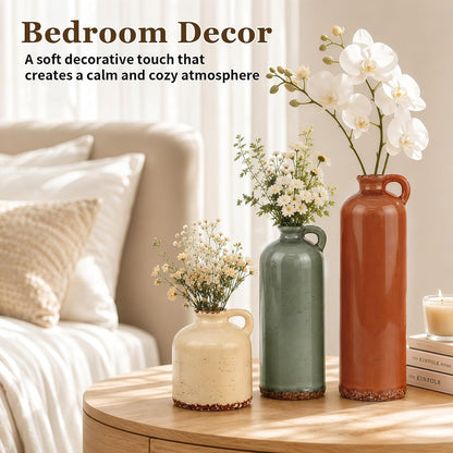 TBWIND Ceramic Vases Set of 3, Neutral Pottery Rustic Farmhouse Flower Vase | Small Decorative Flower Vases Modern Home Decor for Table Mantel Entryway Bookshelf Living Room Kitchen Bedroom